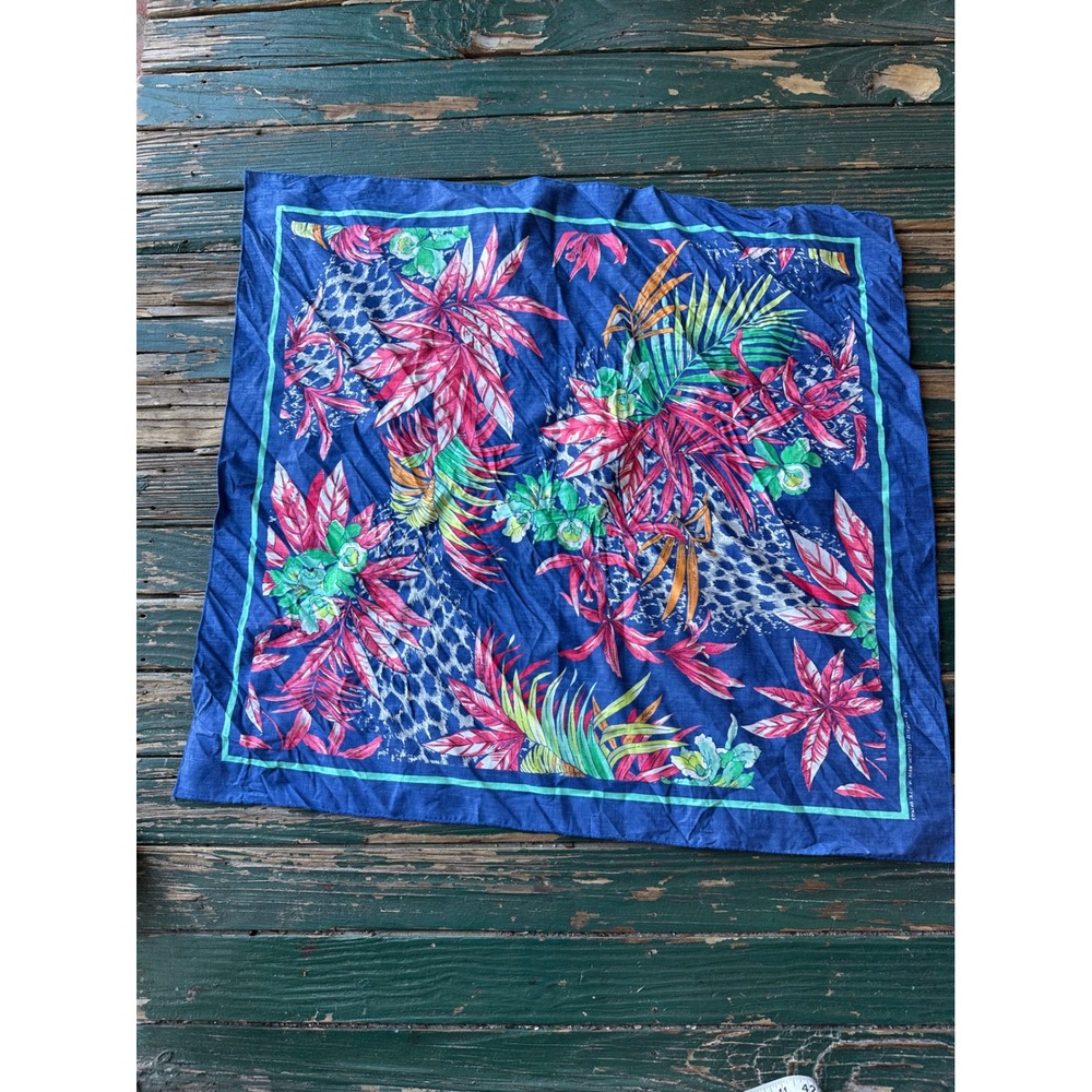 Vintage Tropical Floral Leopard Print Scarf Blue Pink Made in USA RN14193
